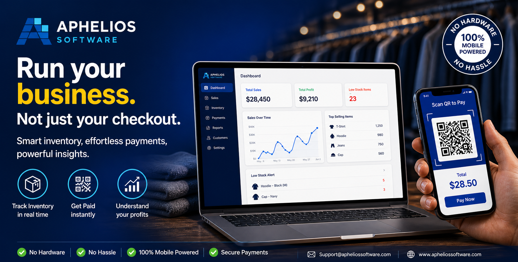 Aphelios inventory management dashboard with low stock alerts and sales data