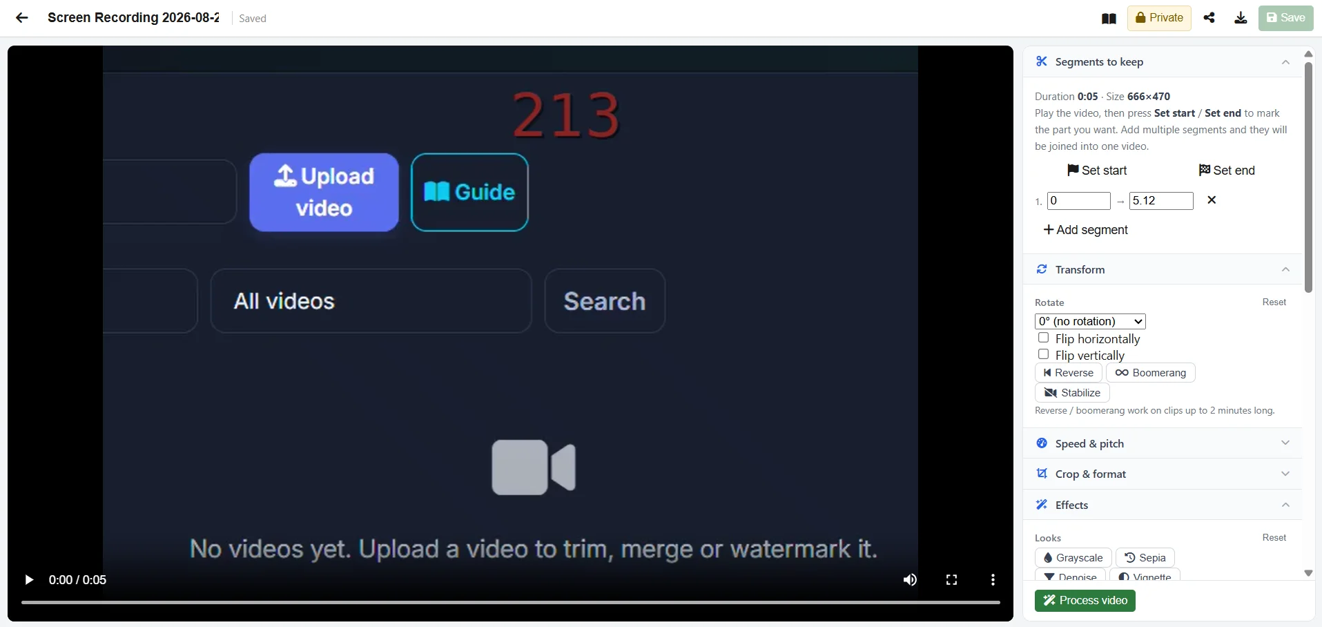Aphelios Online Video Editor UK showing timeline trim, filters and auto captions