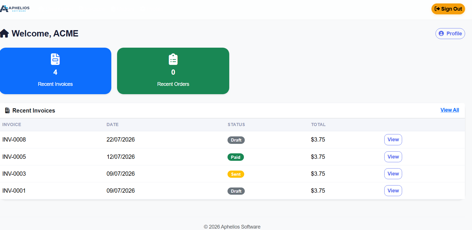 Aphelios Customer Portal Dashboard showing invoices and orders